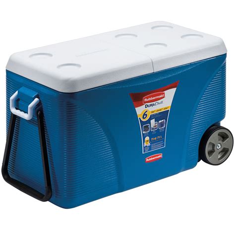 Wheeled cooler with retractable luggage style handle. . Rubbermaid cooler with wheels